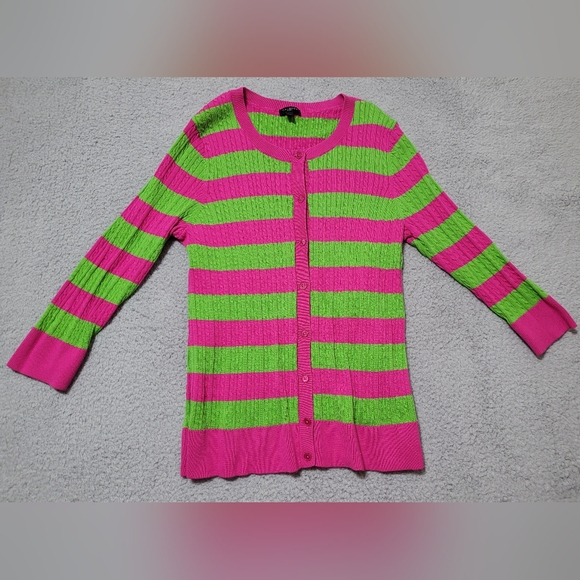 Talbots Petites Pink and Green Button up Long Sleeve Cotton Striped Sweater LP - Picture 1 of 7